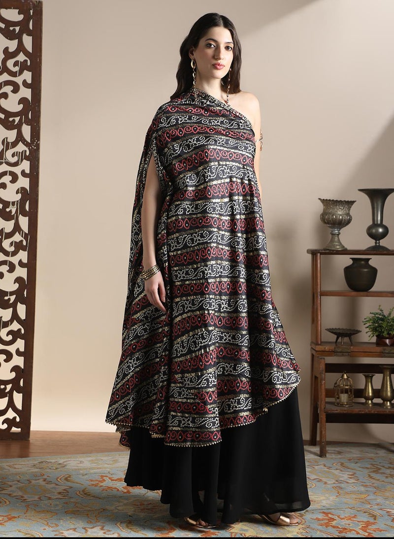 Globus Women Black One Shoulder Extended Sleeves Asymmetric Hem Bandhani Printed Kurta With Flared Palazzos Fusion Coords Set - Image 3